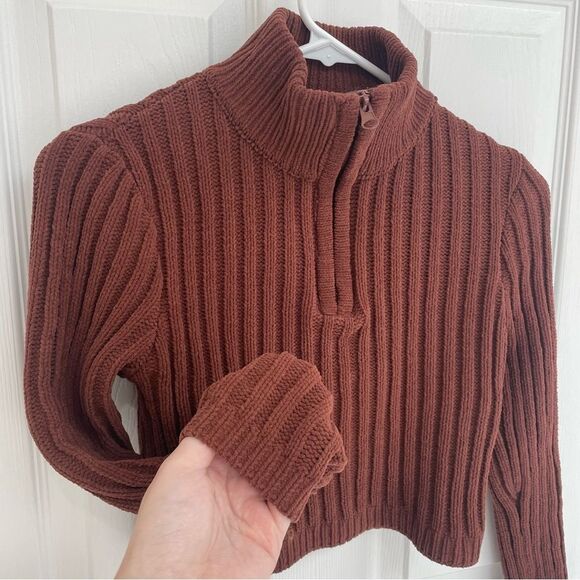 Hazel Moon Brown Cropped Sweater Quarter Zip Women’s Size XS - Picture 4 of 5